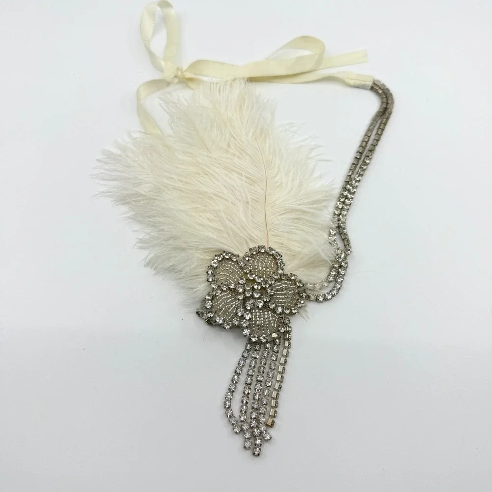 Y2K Gatsby Flapper Feather Headpiece Rhinestone Bridal Statement Headband 1920s